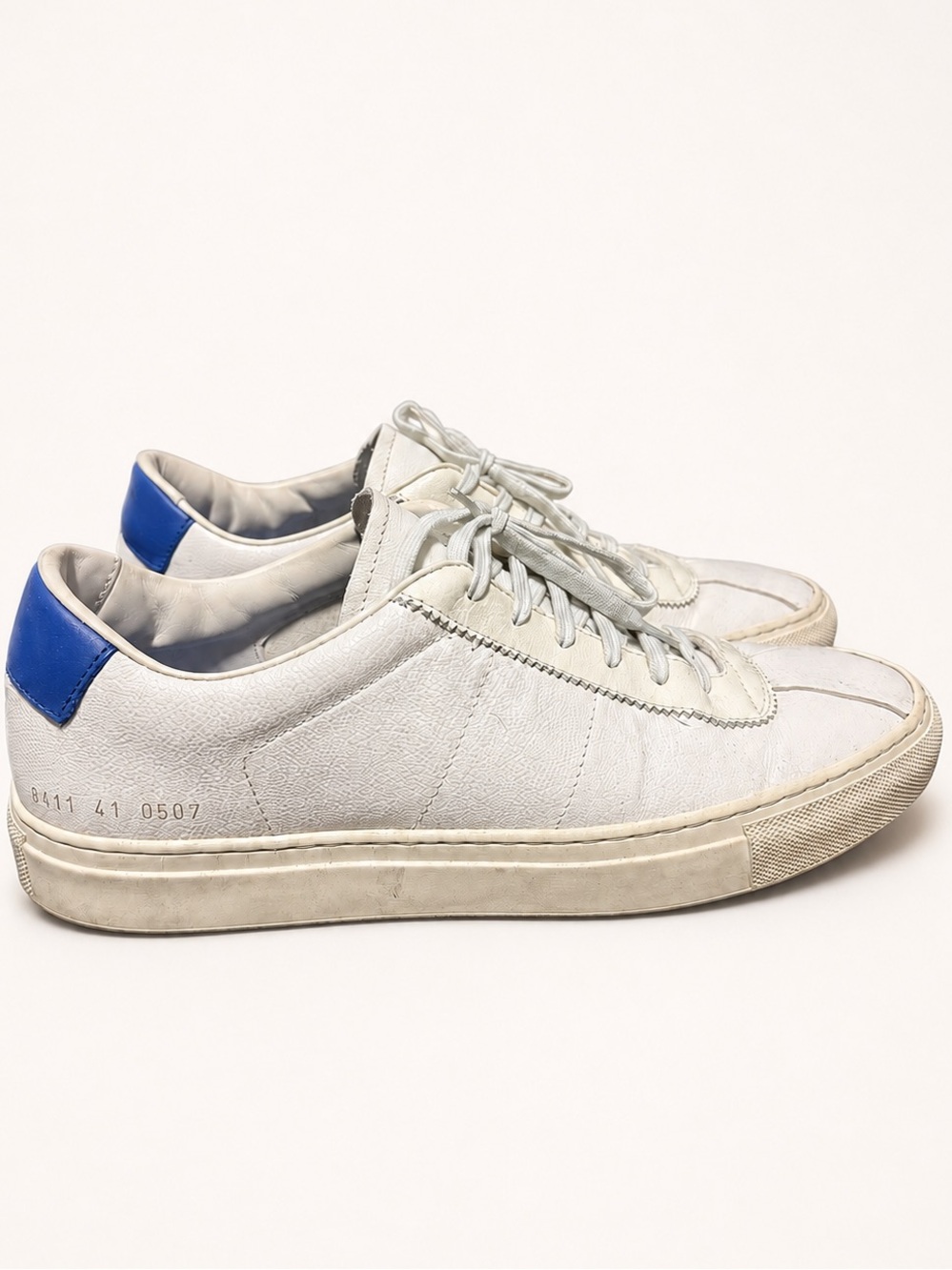 Common Projects White Leather Low-Top Sneakers with Blue Heel Tab